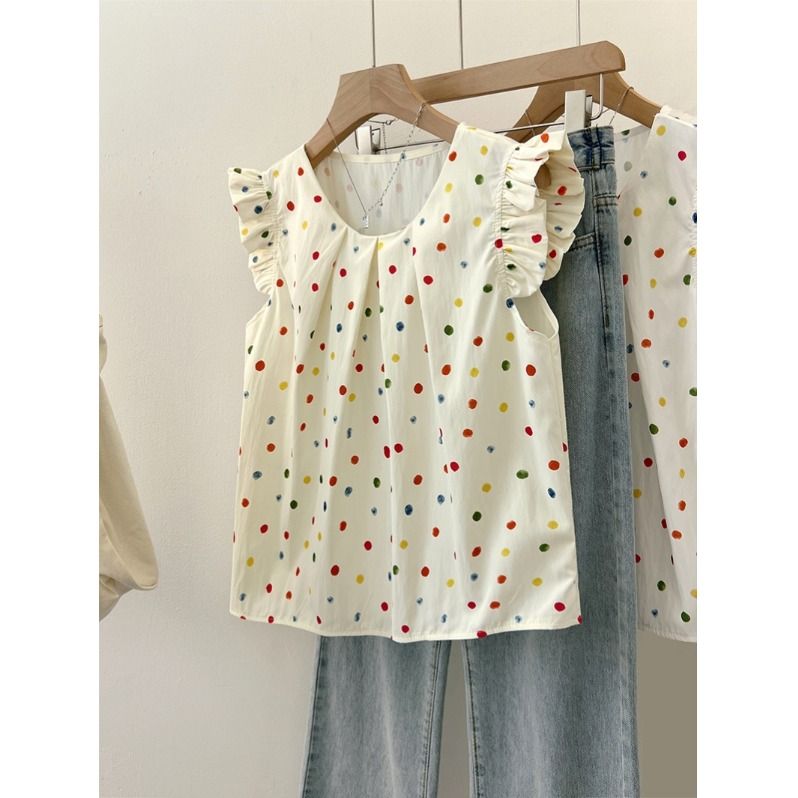 Sweet pleated colorful polka dot small flying sleeve shirt for women's summer style fresh and age-reducing loose slimming vest top