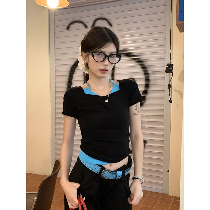 莫代爾人棉黑色方領掛脖假兩件短袖t恤女夏辣妹短款正肩上衣