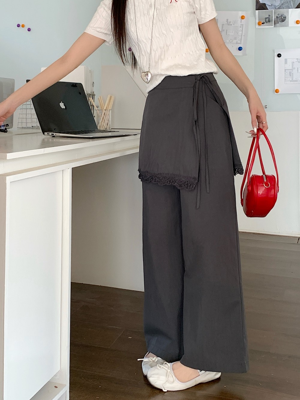 Real shot of high-waist retro niche real two-piece casual wide-leg trousers 2025 new American work pants for women