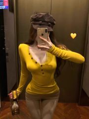 260克人棉 美式v領長袖T恤收腰修身內搭純欲緊身顯身材打底衫上衣