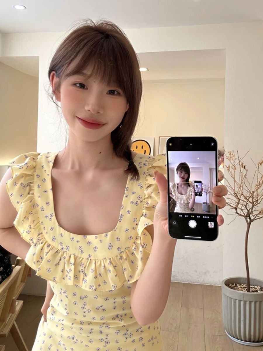 French girl floral mid-length ruffle skirt female sexy slim summer vacation lace suspender dress