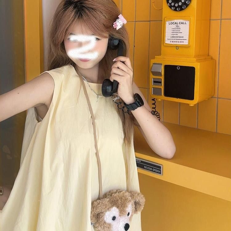 法式甜美純色褶皺設計感無袖背心連衣裙女2025夏寬鬆顯瘦花苞短裙