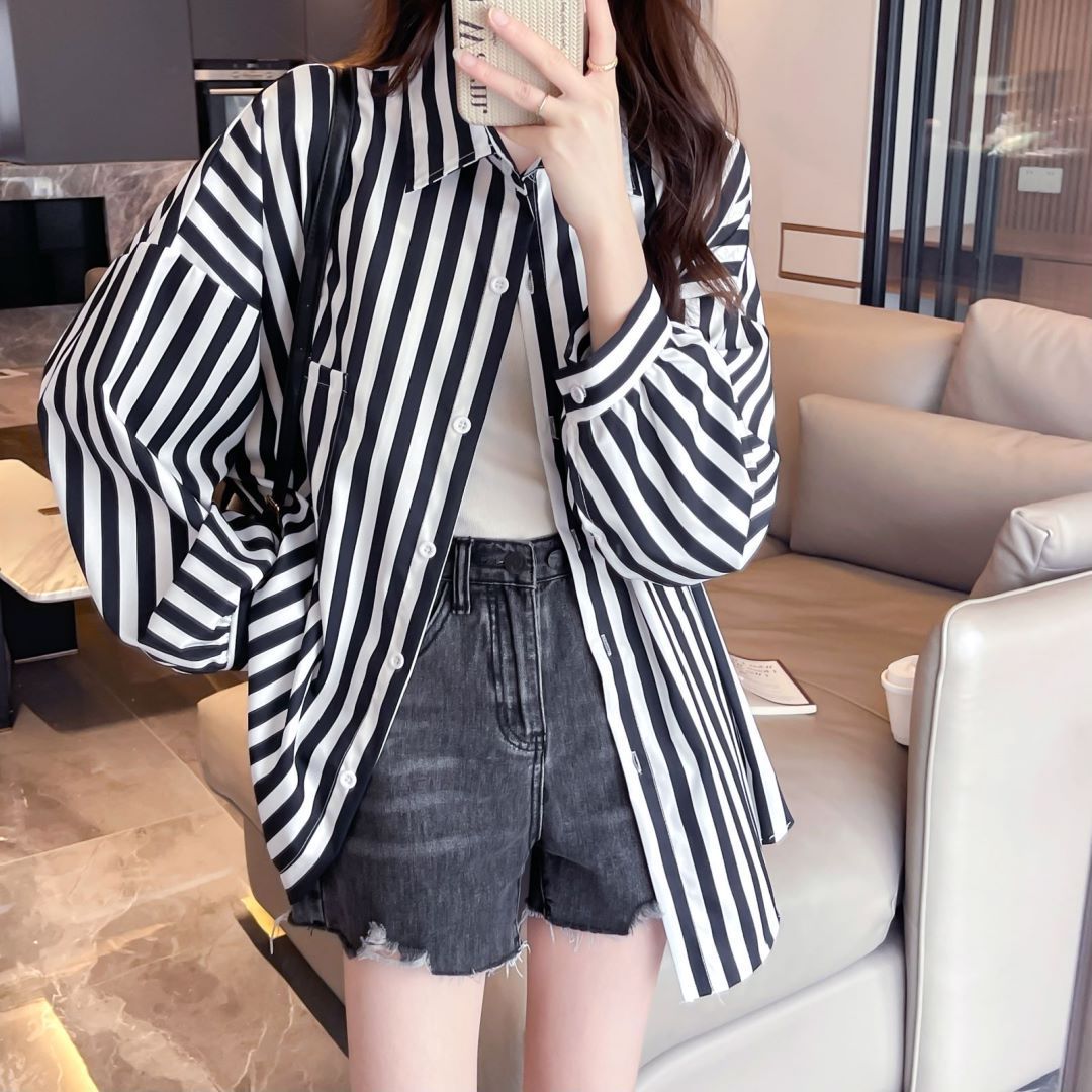 First release real shot original workmanship medium-length thin vertical strip sunscreen shirt for women new long-sleeved top