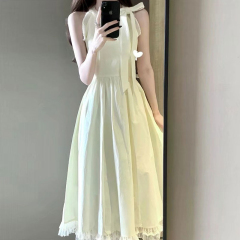 French bow tie halter neck wool dress for women Korean style pear-shaped waist slimming high-end mid-length skirt
