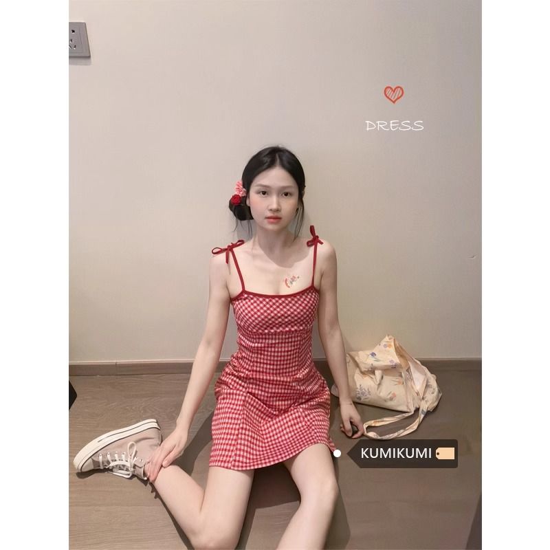 甜美風紅色格子連衣裙女夏季小個子吊帶裙小眾減齡修身A字裙短裙