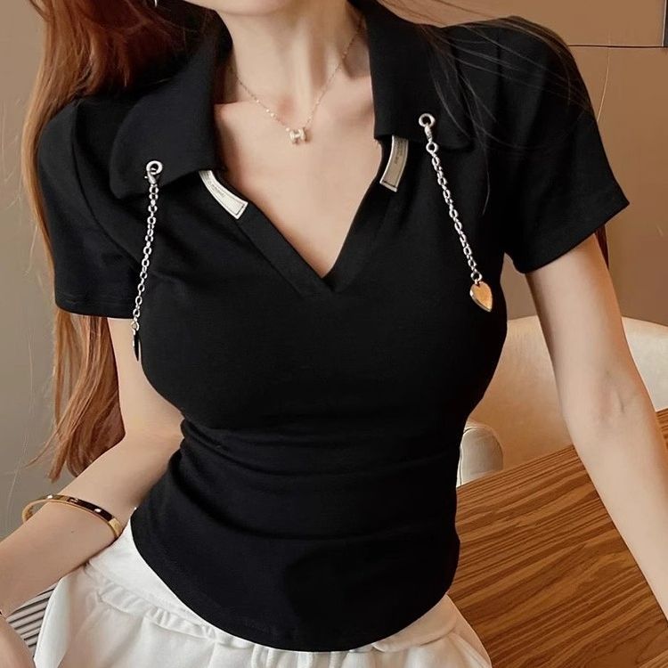 正肩polo領短袖t恤女夏不規則辣妹修身短款別致上衣ins潮流