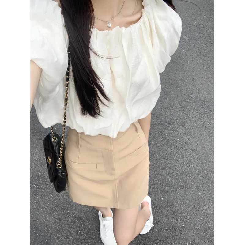 White off-shoulder one-neck short shirt for women in summer French niche design umbilical puff sleeve top