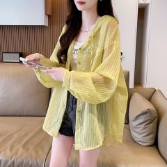 First real shot of original cloth 100 polyester hooded sun protection clothes women's shirt striped large size fat mm jacket