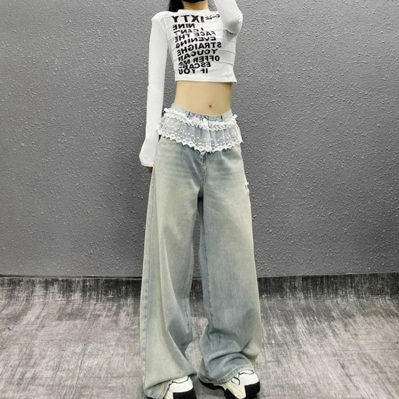 2025夏季新款KAKAMEE洗水工藝拼接蕾絲裙擺邊闊腿牛仔褲牛仔褲女