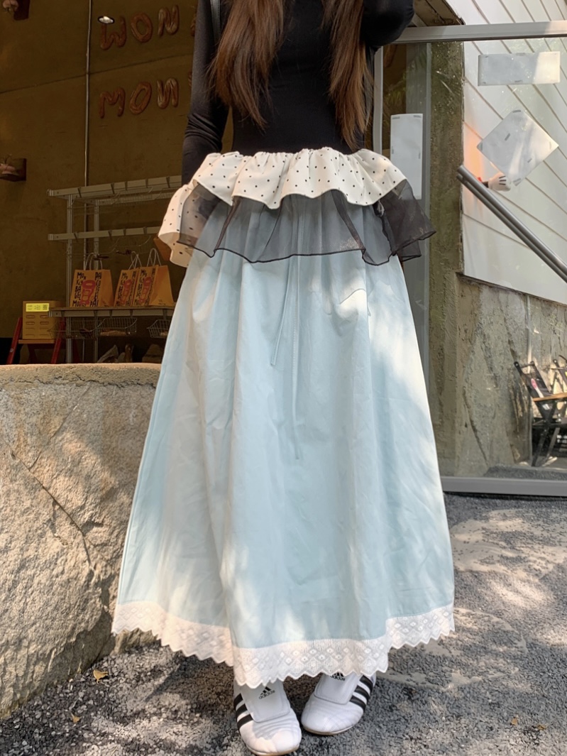 Real shot of the new Korean version with sweet lace lace spliced ​​cotton linen high waist casual pocket skirt