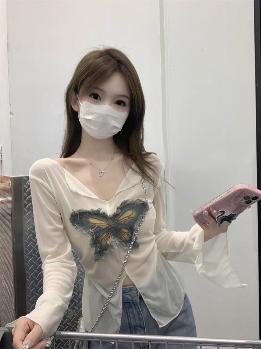 40D 網紗法式蝴蝶辣妹開叉防曬長袖T恤女夏收腰顯瘦罩衫上衣
