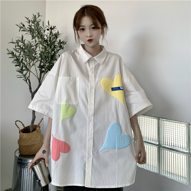 Real shot of 100% polyester foamed love printed shirt for women versatile short sleeves