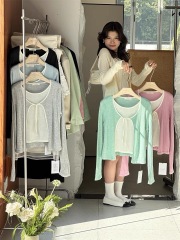 2025 early spring new Korean style design gentle lace-up fake two-piece knitted cardigan women's temperament top