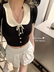 Tea-style doll collar puff short-sleeved T-shirt for women 2025 new summer short and beautiful small top knitted sweater