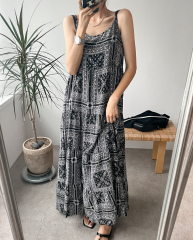 Retro Print Loose Strap Dress 2025 Spring New Arrival Korean Chic Long Skirt Plus Size for Petite Figures