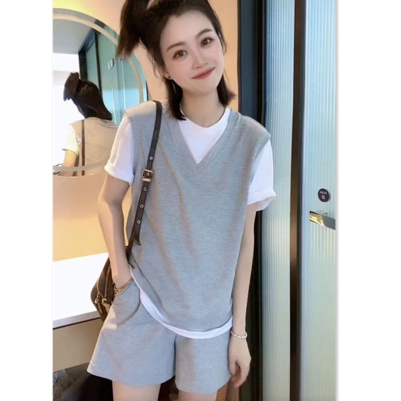 2025夏季新款超仙休閒短褲套裝女短袖時尚減齡假兩件兩件套