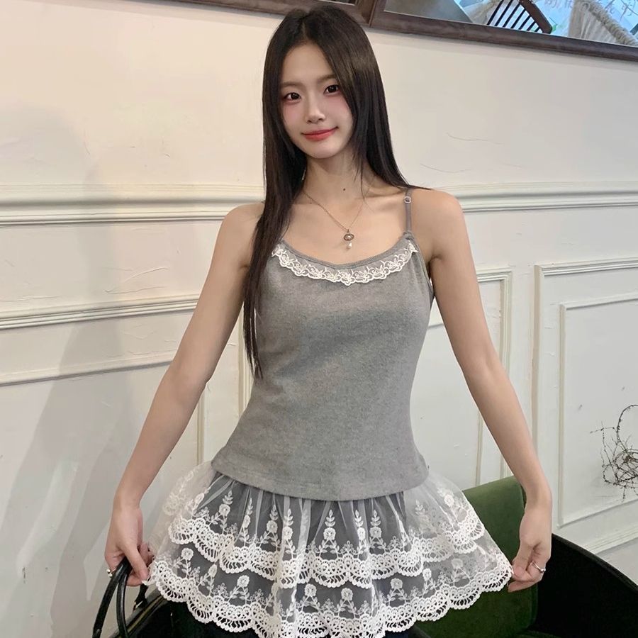 辣氛圍感疊穿內搭吊帶背心女2025新款蕾絲屁簾拼接無袖上衣