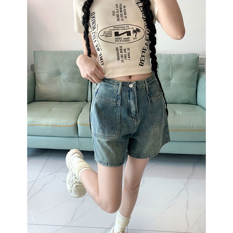 New spring and summer commuting personality design high waist straight jeans shorts women's wide-leg A-line cover meat jeans hot pants