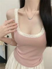 1*1莫代爾蕾絲花邊拼接吊帶背心女內搭打底衫修身短款無袖上衣夏