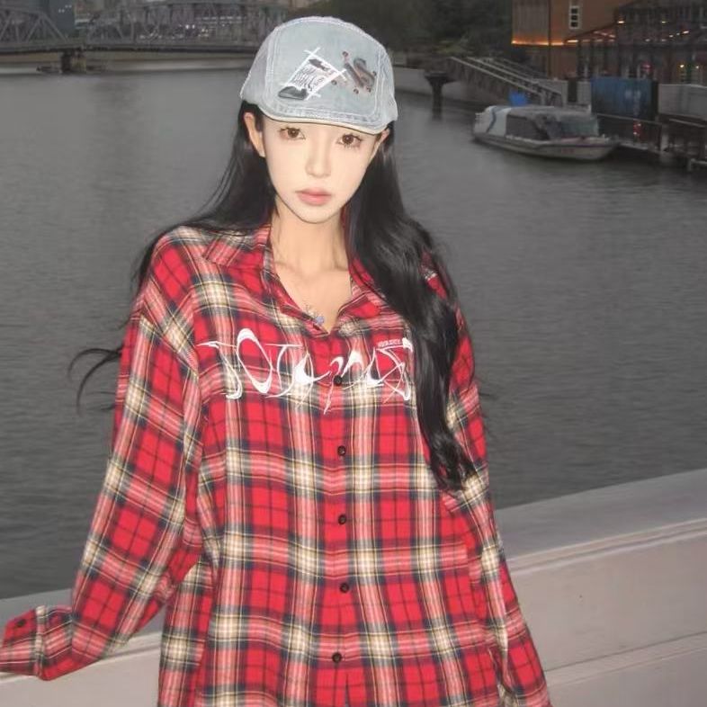 American retro red embroidered plaid shirt trendy brand long-sleeved top hiphop high street autumn shirt jacket