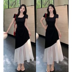 Large size women's clothing 2025 summer Hepburn style black and white contrasting splicing dress square collar waist-hugging long skirt to make you look slim and elegant