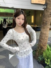 Real shot of gentle style sweet long-sleeved round neck floral pullover T-shirt in spring new slim and versatile short-sleeved T-shirt