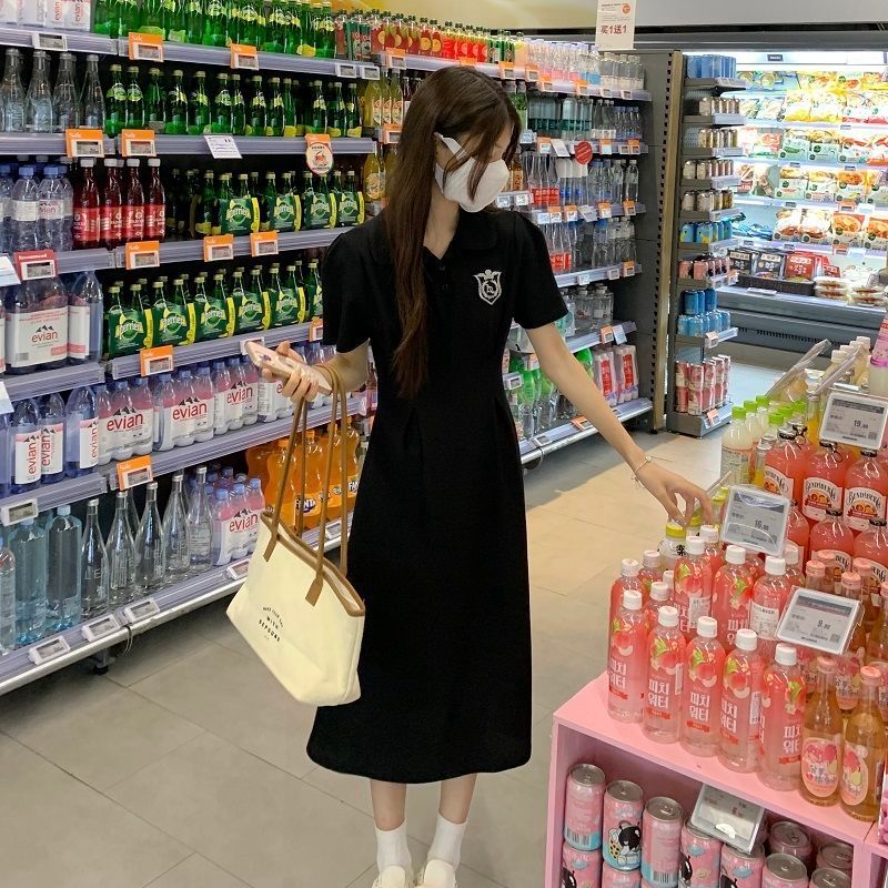 Polo collar T-shirt dress for women with niche design sense summer Korean gentle and chic puff sleeve waist-hugging long skirt
