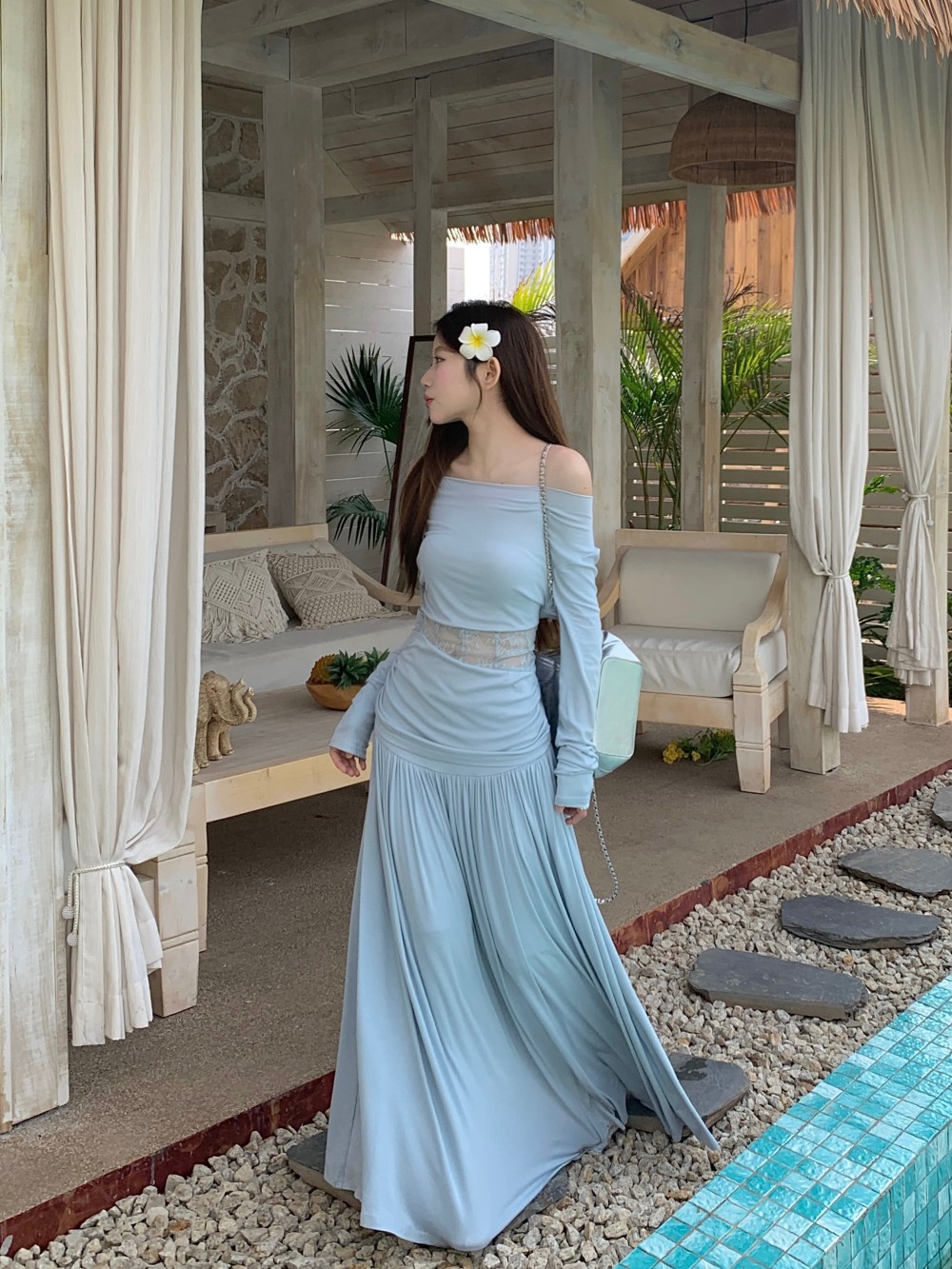 Real shot French temperament fashion suit spring one-length lace spliced ​​top + high waist pleated skirt