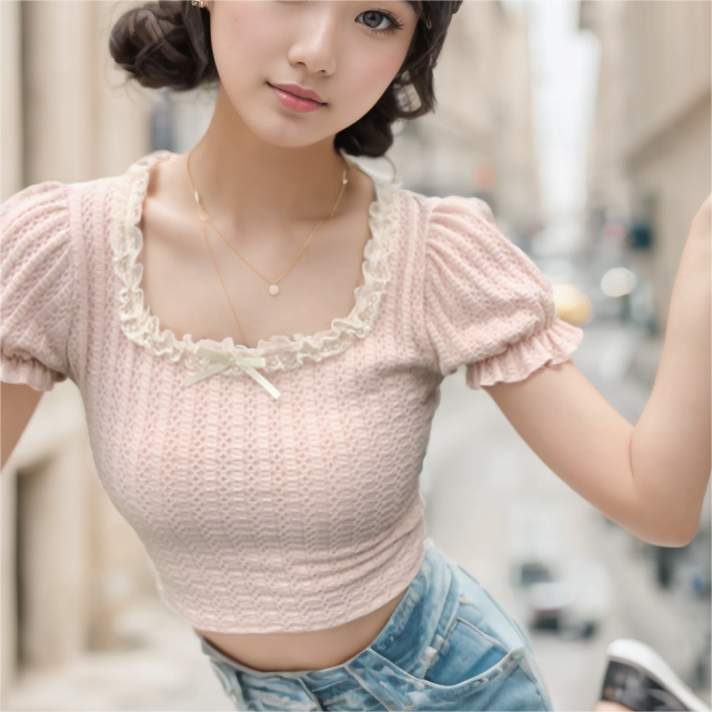 French square neck lace pink shoulder short-sleeved T-shirt for women in summer slim fit and gentle sweet and spicy short top