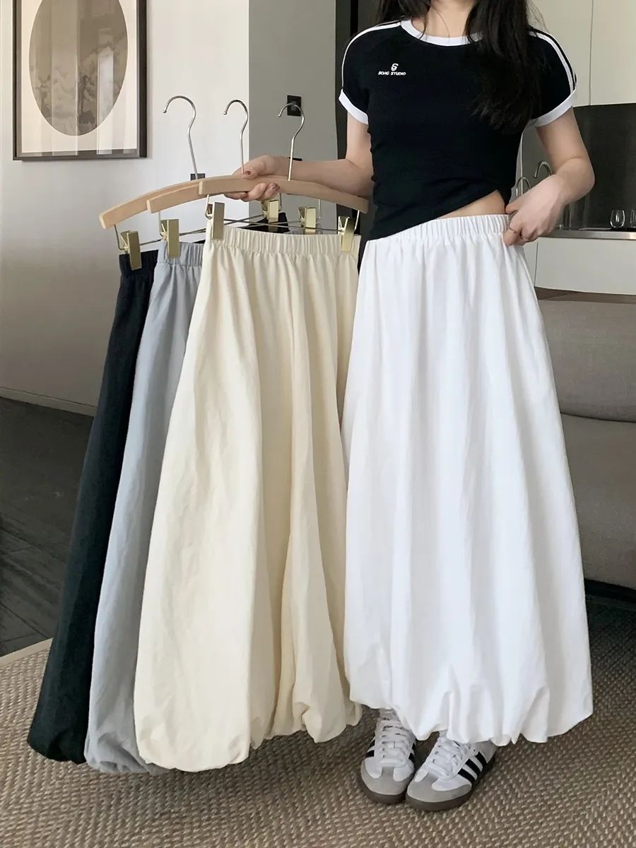 有內襯半身裙女夏季新款高腰a字裙子半裙小個子花苞裙休閒長裙