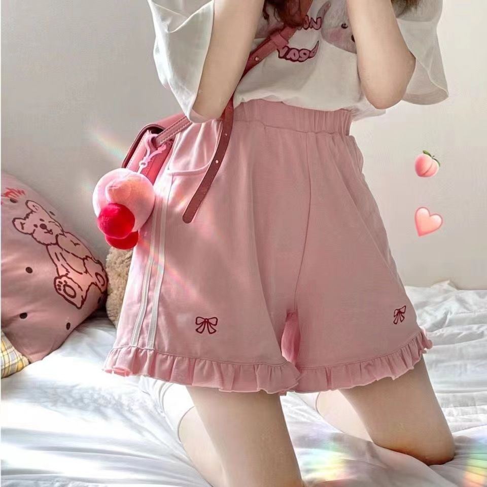 Summer sports shorts for female students 2025 new Japanese embroidery loose slimming wide-leg shorts for women