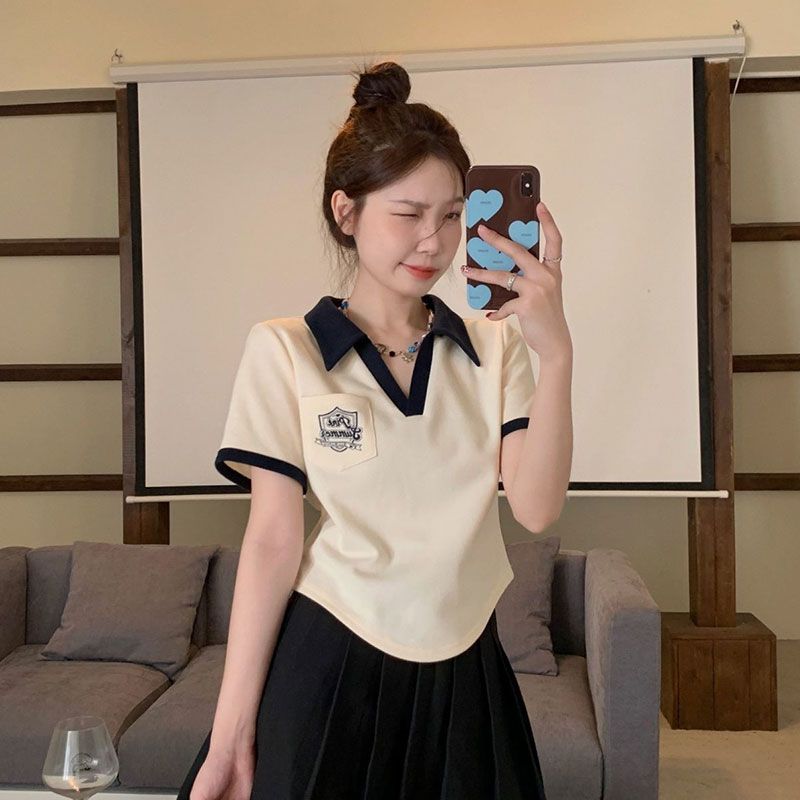 polo領短袖正肩t恤女夏季胖mm不規則短款遮肚子顯瘦上衣
