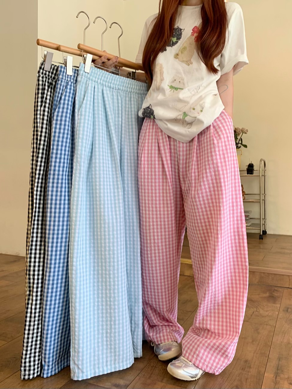 Real shot, new Korean version, loose and versatile draping casual plaid floor wide-leg Yamamoto pants
