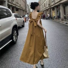 Sweet backless flying sleeves bow tied dress for new summer vacation cover flesh to make you look slim A-line long skirt