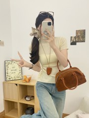 實拍 不規則短袖針織衫女春夏薄款高級感鏤空半高領氣質上衣