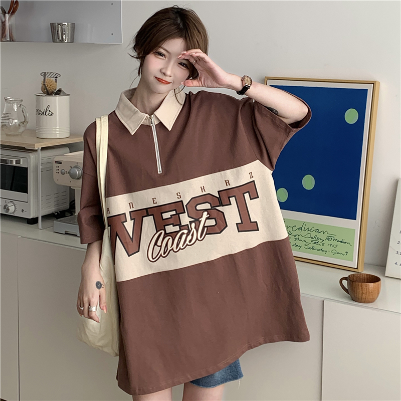 Real shot 6535 cotton summer loose design contrast color zipper Polo shirt short-sleeved T-shirt for women