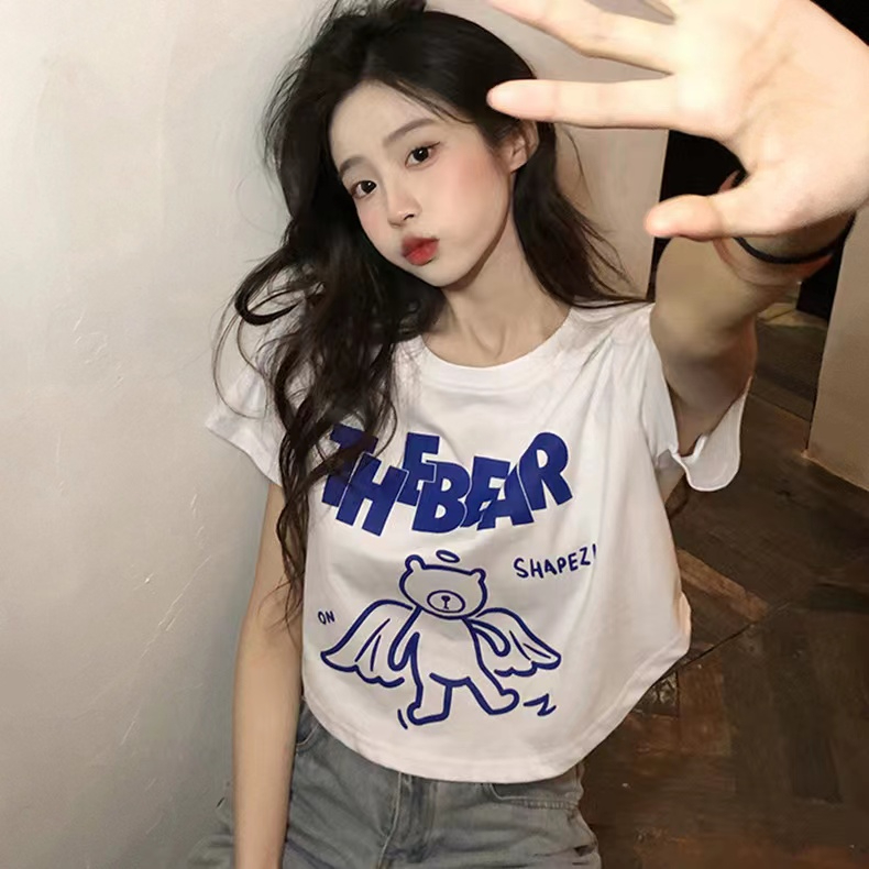 韓國外貿校園風卡通印花短袖T恤女夏修身小個子辣妹短款顯瘦上衣