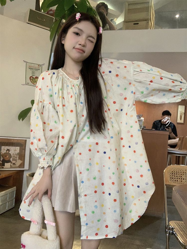 春季2025彩色波點單排扣襯衫女新款甜美風寬鬆減齡設計感長袖上衣