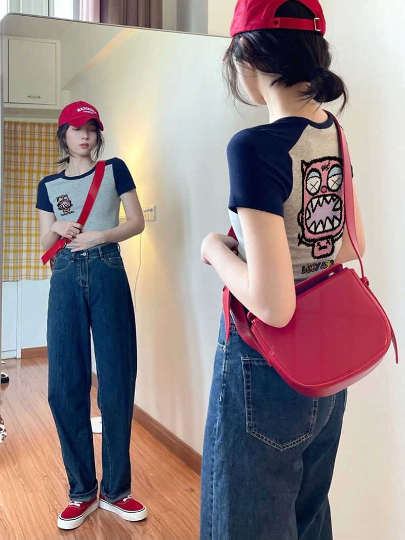 Printed pure cotton 92 cotton 8 spandex quality front shoulder 2025 summer hot girl slim short sleeves
