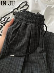 Dark gray plaid wide-leg pants for women 2025 summer high waist drooping casual small person lazy Yamamoto floor pants