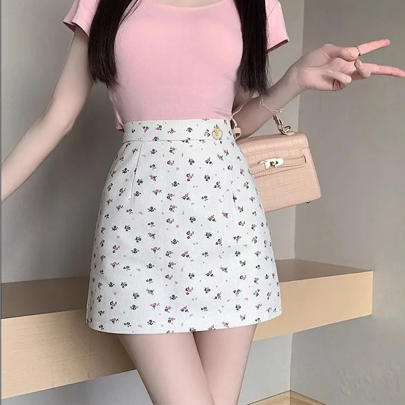 白色碎花牛仔半身裙女夏季新款百搭高腰顯瘦短裙小個子a字包臀裙