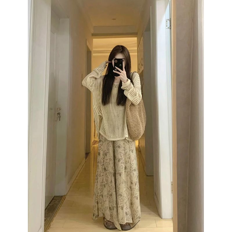 新品復古法式休閒百搭垂感一絕高腰半身印花裙褲女款寬鬆闊腿褲