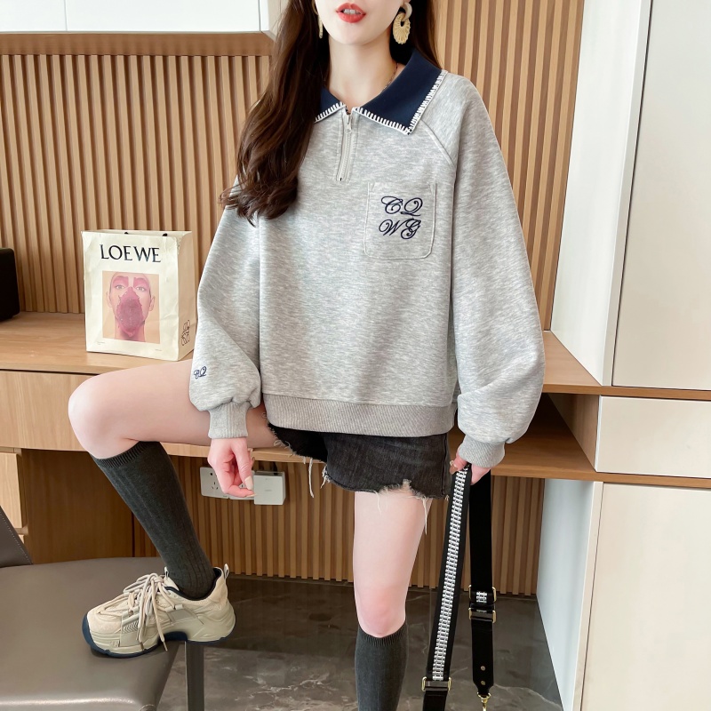 Real photos of Hua Cotton Compound Milk Silk Spring and Autumn Thin Long Sleeve Sweatshirt Women's Korean version loose slim design top Internet celebrity