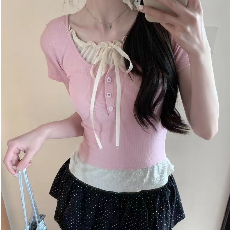260克隨心裁1x1正肩短袖假兩件T恤女甜辣短款純欲上衣