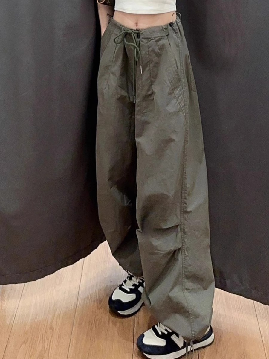 軍綠色速干美式高街工裝褲口袋寬鬆運動褲女高腰顯瘦闊腿褲子夏季