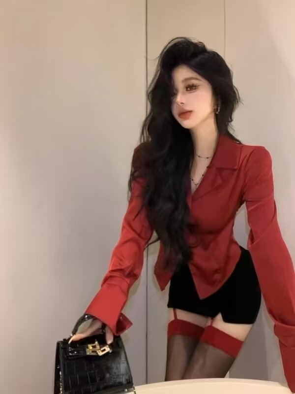 Rose section twill French streamer long sleeve chiffon shirt slim shirt temperament high-end top 2025 spring