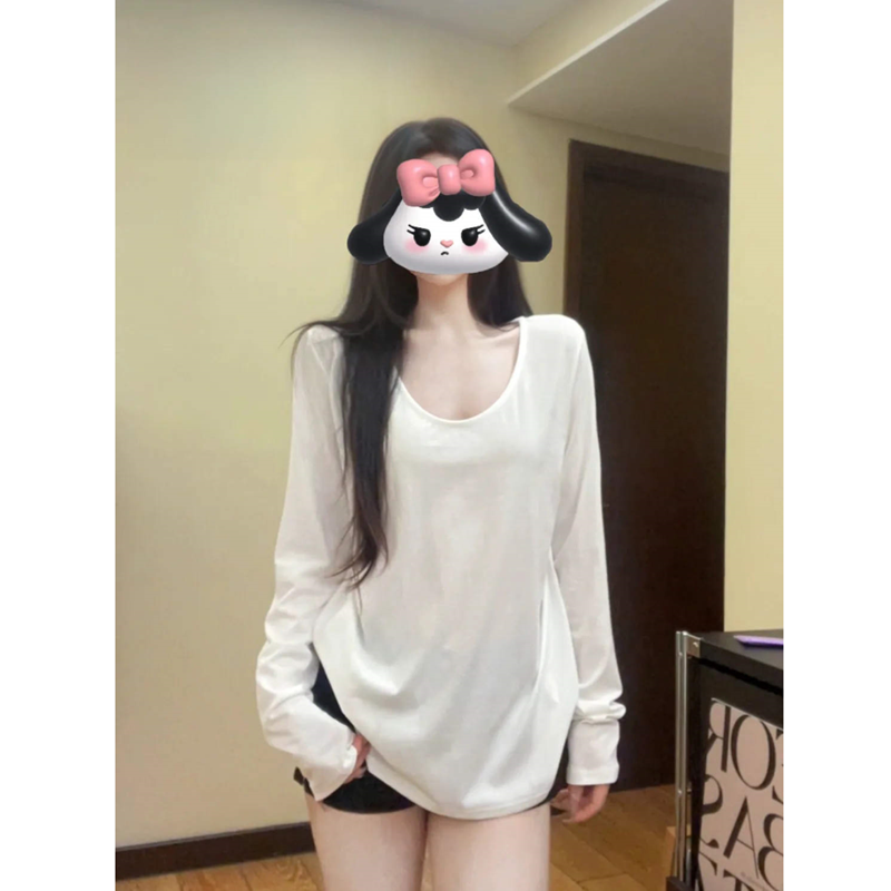 白色純棉長袖t恤打底衫女春秋寬鬆內搭開叉慵懶百搭鬆弛感u領上衣