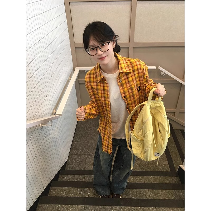 Original fabrics, national trend brand retro contrasting color, lazy style, high-end style, plaid shirt for women