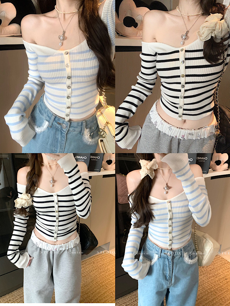 Striped one-length knit sweater pure and sexy hot girl sexy off-shoulder slim body