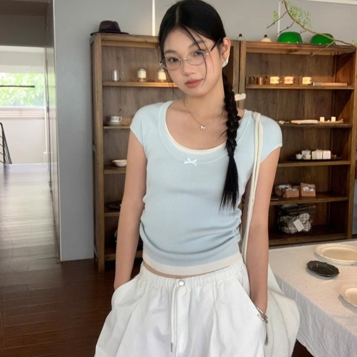 Summer Korean style U-neck contrasting color fake two-piece pleated design 6 wool knitted short-sleeved top